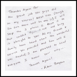 A handwritten thank-you note praising a stereo repair and expressing satisfaction with the service received.