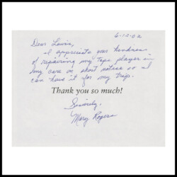 A handwritten thank you note expressing gratitude for repairing a tape player quickly for a trip, dated 6-12-02.