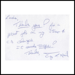 Handwritten note thanking Lewis for fixing a stereo and CD changer, signed by Joy T. Kreil.