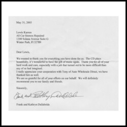 A typed thank you letter addressed to Lewis Karron from Frank and Kathryn Dallabrida, dated May 31, 2003.