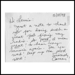 Handwritten thank you note dated 5/18/98 expressing gratitude for fixing a radio and doing a great job.
