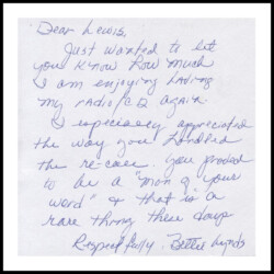 Handwritten note thanking Lewis for repairing a radio, expressing appreciation for his reliability and honesty.