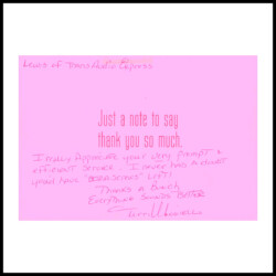 A handwritten thank you note on a pink card expressing appreciation for prompt and efficient service.