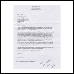 A typed letter from Brian Albertson to Randy Copeland about a car stereo issue, with a handwritten note at the bottom.